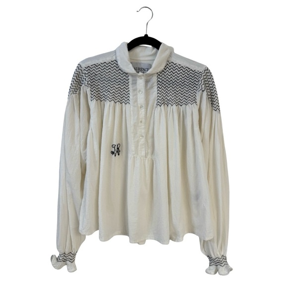 Laurence Bras Cotton Nord Blue Smocked Embroidered Blouse Small White Navy Boho - Picture 4 of 15